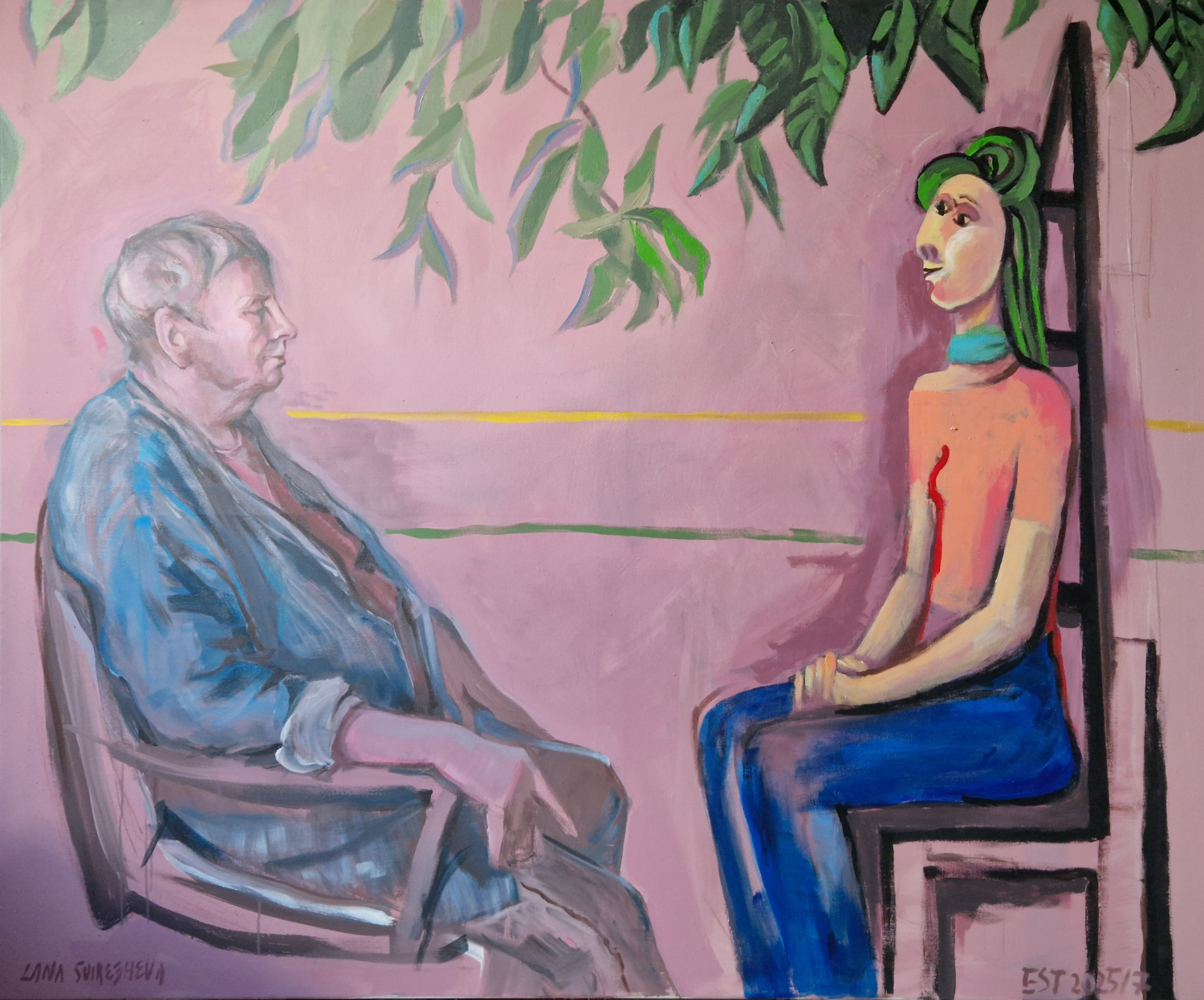 Doppelportrait, 2025 Acrylbinder, Pigmente auf Leinwand, 127 x 145 cm Gemeinschaftsarbeit mit Lana Svirezheva im Projekt „Enkelinnen“